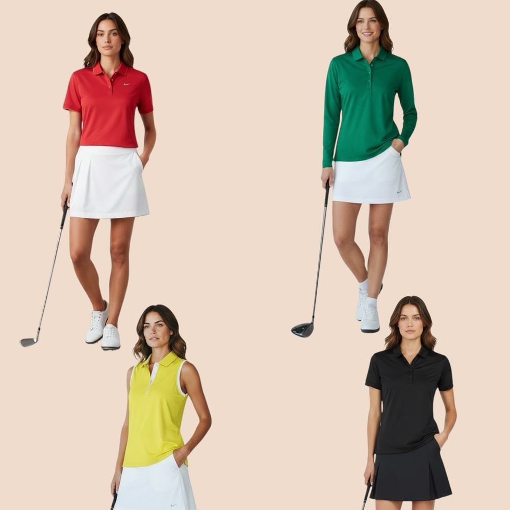 Four Nike golf shirt size large polo and long sleeve red yellow green and black